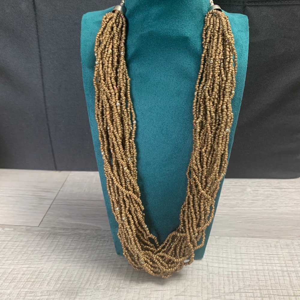 Multi Strand Seed Bead Statement Necklace‎ Bronze Metallic Bohemian Silver Tone